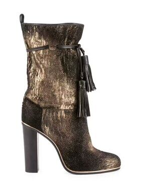 LANVIN Calf Hair Black Gold Mid-Calf Suede Leather Boots Tassel Heeled Size 38